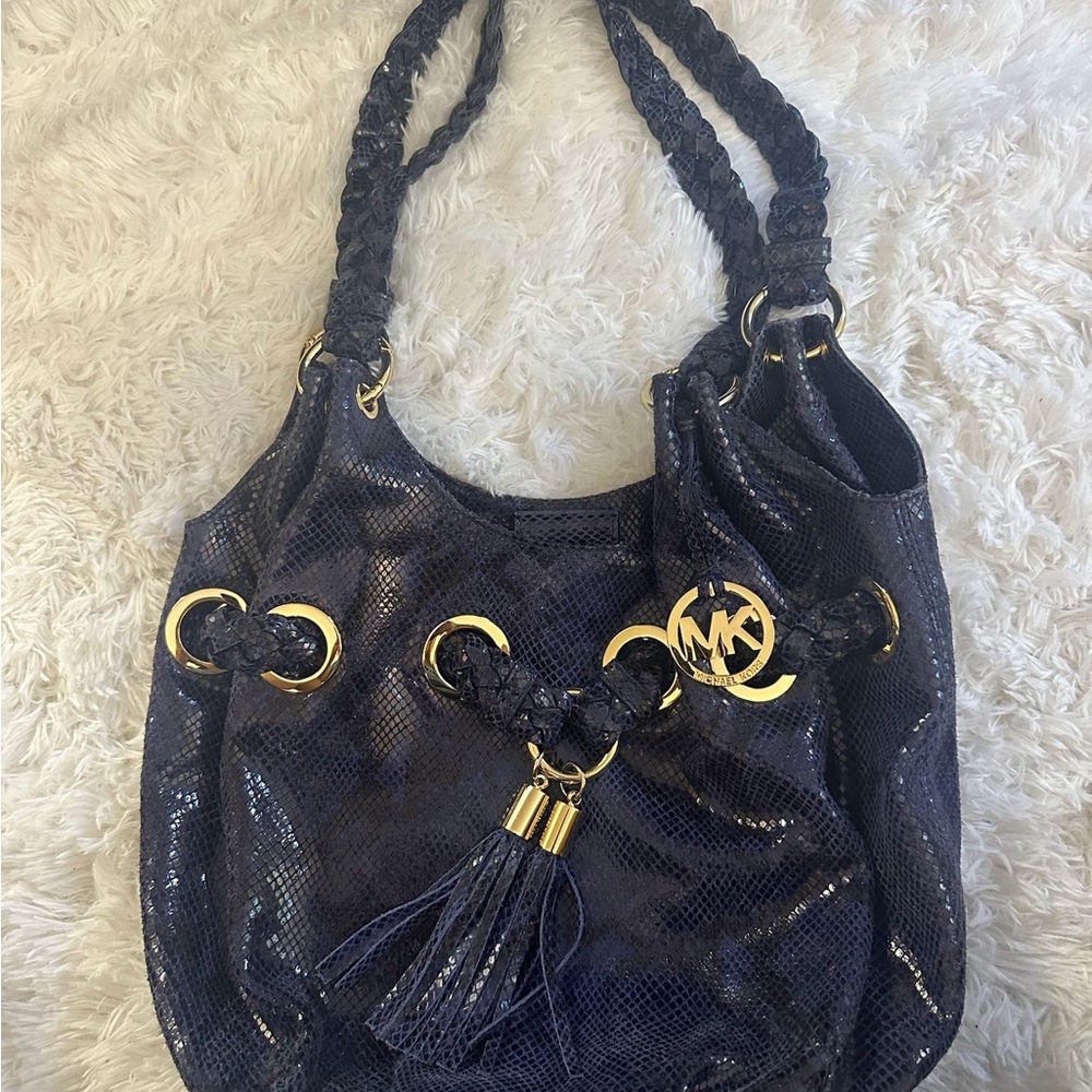 Michael Kors Dark Blue Shoulder Bag with Gold Accents